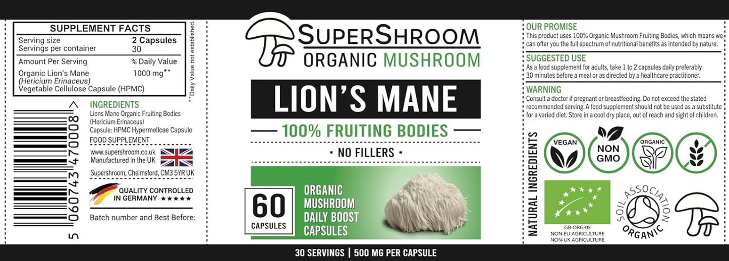 Organic Lion's Mane 500mg – 60 Vegan Capsules