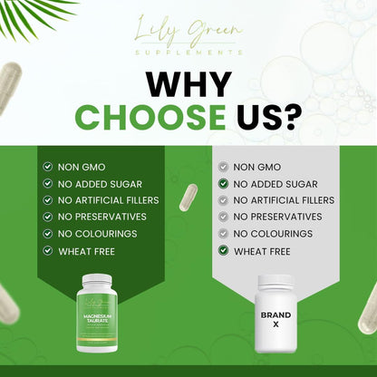 Lily Green Magnesium Taurate Supplements | 2000Mg per Serving Magnesium Supplements for Electrolyte Balance, Tiredness & Fatigue | 90 Vegan Capsules | No Artificial Fillers | Made in UK