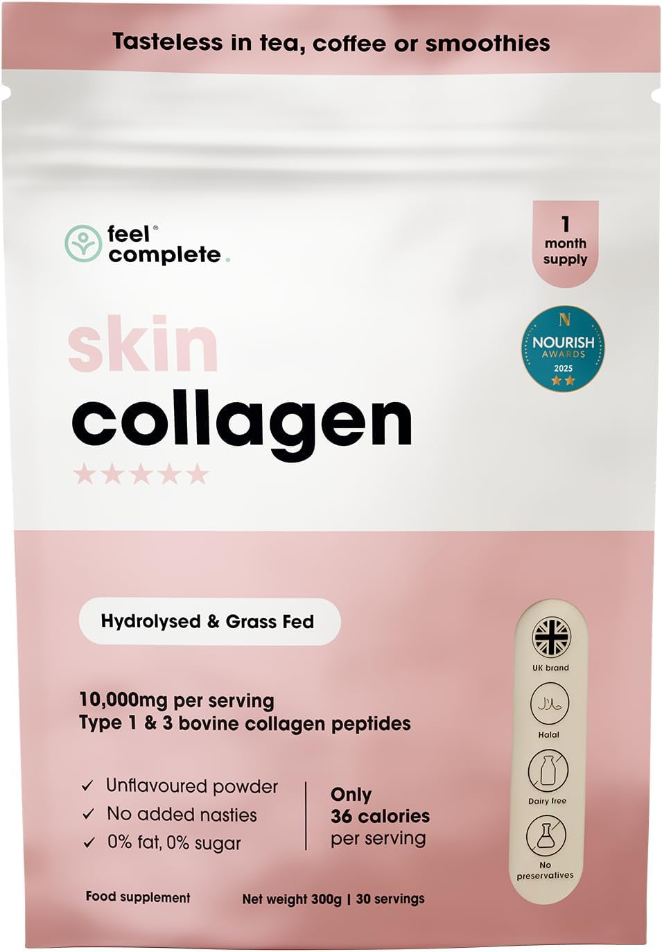 | Tasteless Collagen for Women | Grass Fed & Hydrolysed | Low Calorie | Premium Type 1 & 3 Bovine Collagen Peptides | Halal | anti Ageing | Hair, Skin & Muscles | 300G | 30 Servings