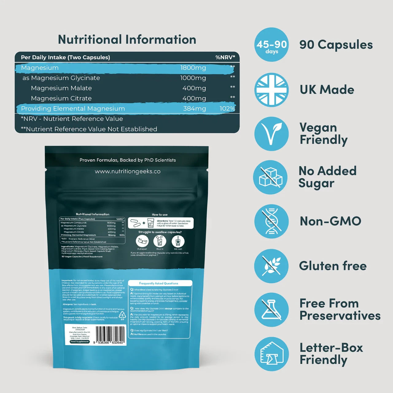 Magnesium Glycinate 3-In-1 Complex, 1800Mg Magnesium Supplements High Absorption