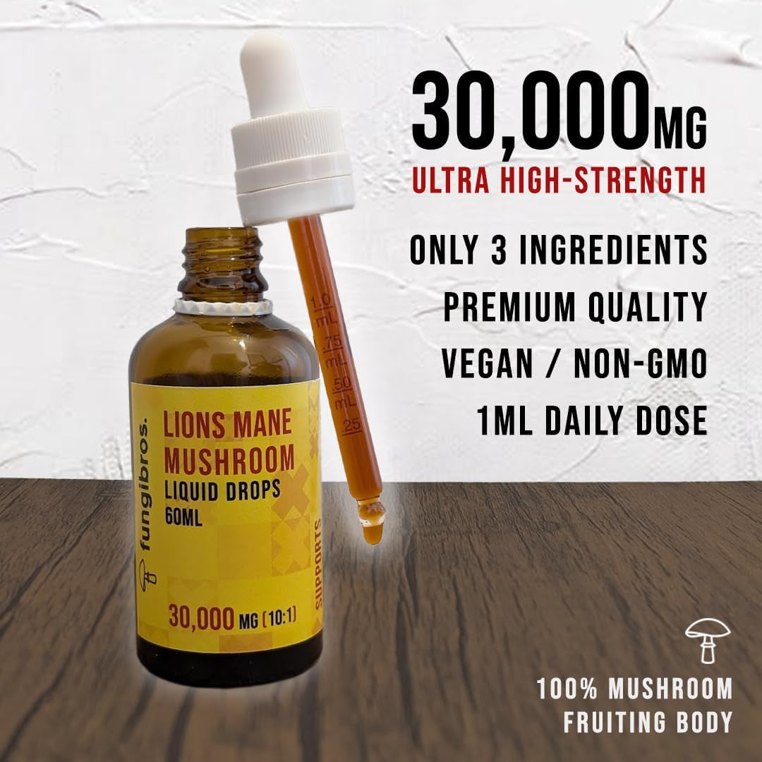Lion’S Mane Liquid Drops 10:1 High Strength Extract – 30,000Mg Equivalent, 60Ml (2-Month Supply) – Fruiting Body Only – Vegan – Not Capsules or Powder