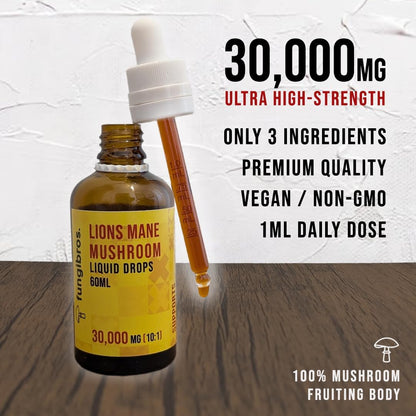 Lion’S Mane Liquid Drops 10:1 High Strength Extract – 30,000Mg Equivalent, 60Ml (2-Month Supply) – Fruiting Body Only – Vegan – Not Capsules or Powder
