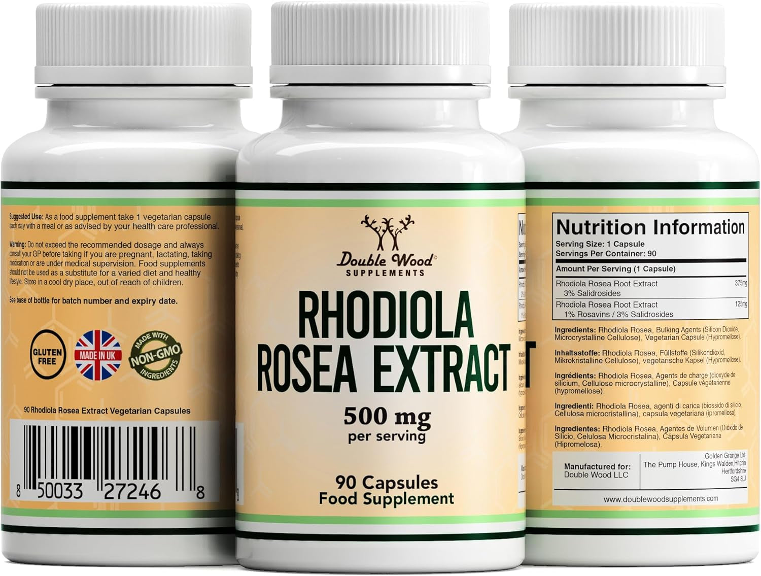 Double Wood Rhodiola Rosea | 90 Servings of 500Mg Rhodiola Rosea Complex Capsules | 3% Rosavins & 1% Salidrosides | a Powerful Adaptogen Sourced from High Altitude Environments | UK Manufactured