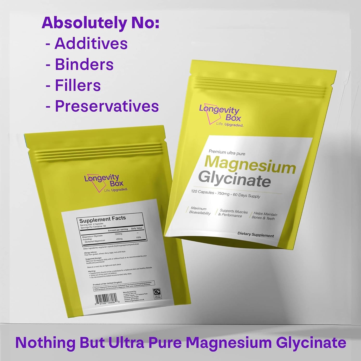 Ultra Pure Magnesium Glycinate 1500Mg | 120 Capsules | High Strength Magnesium Supplement for Women & Men | Providing 450Mg of Elemental Magnesium